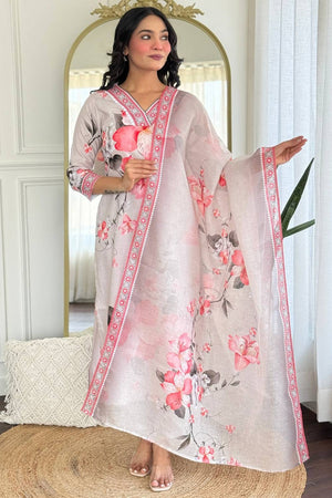 Cream Floral Printed Rayon Straight Cut Suit Set