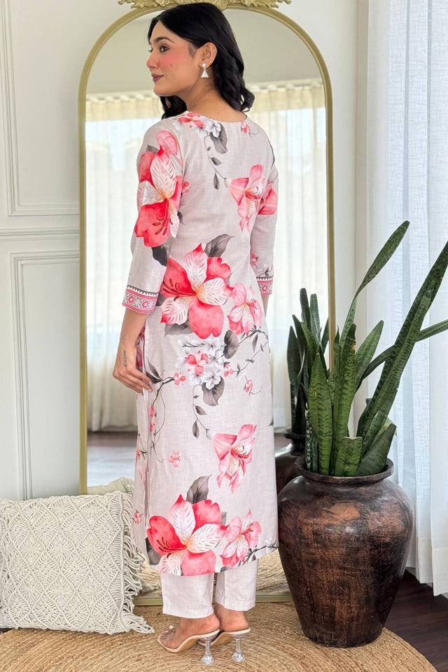 Cream Floral Printed Rayon Straight Cut Suit Set
