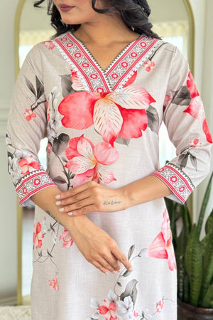 Cream Floral Printed Rayon Straight Cut Suit Set