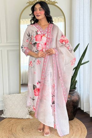 Cream Floral Printed Rayon Straight Cut Suit Set