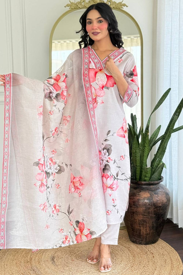 Cream Floral Printed Rayon Straight Cut Suit Set