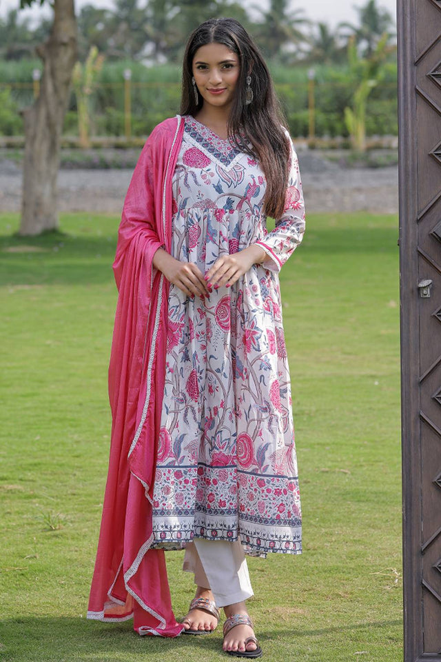 Cream Floral Printed Rayon Anarkali Suit Set