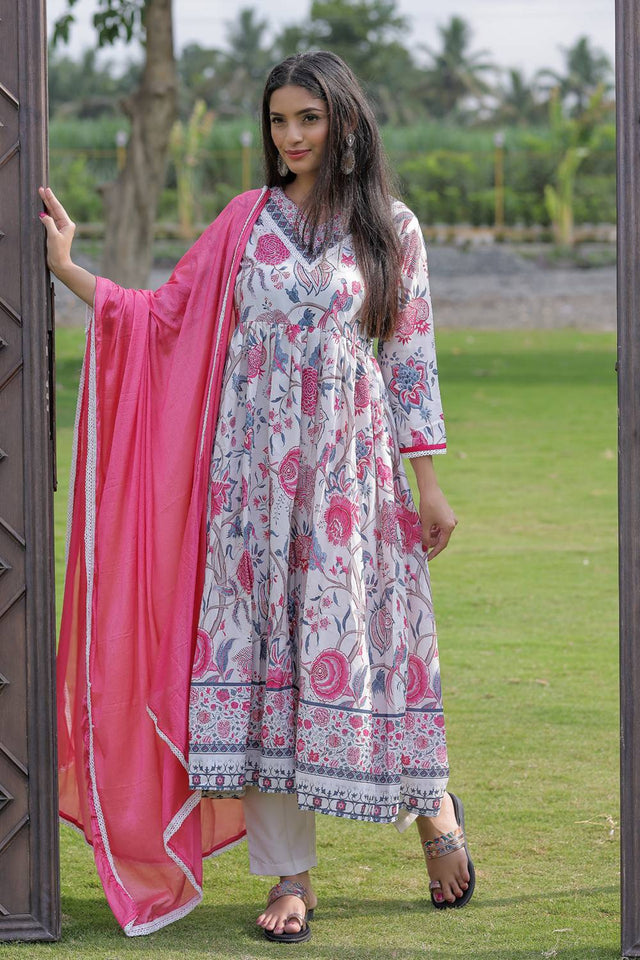 Cream Floral Printed Rayon Anarkali Suit Set