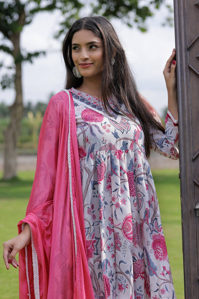 Cream Floral Printed Rayon Anarkali Suit Set