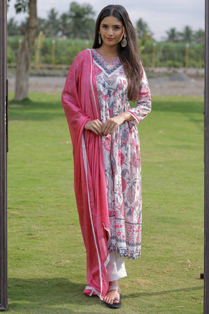 Cream Floral Printed Rayon Anarkali Suit Set