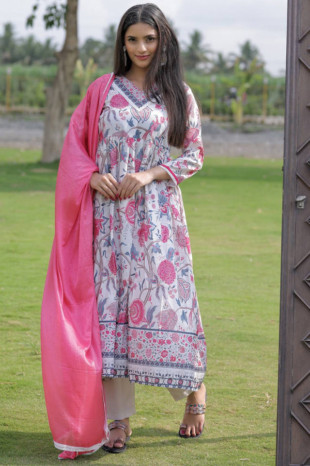 Cream Floral Printed Rayon Anarkali Suit Set