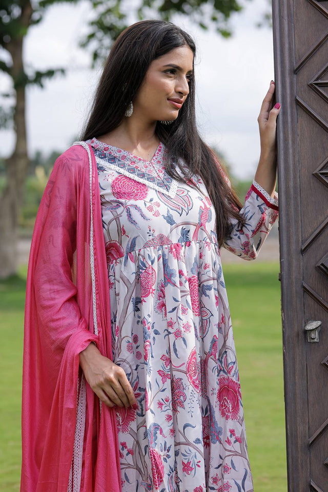 Cream Floral Printed Rayon Anarkali Suit Set