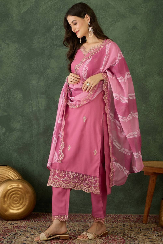 Pink Floral Embroidered Chanderi Kurti Pant Set