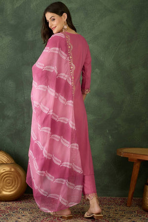 Pink Floral Embroidered Chanderi Kurti Pant Set