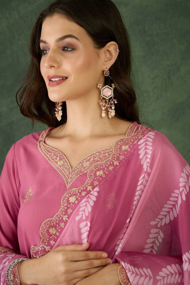 Pink Floral Embroidered Chanderi Kurti Pant Set
