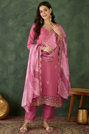 Pink Floral Embroidered Chanderi Kurti Pant Set