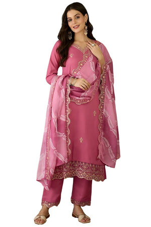 Pink Floral Embroidered Chanderi Kurti Pant Set