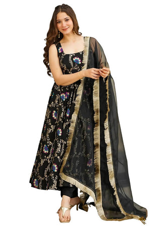 Black Floral Printed Muslin Anarkali Suit Set