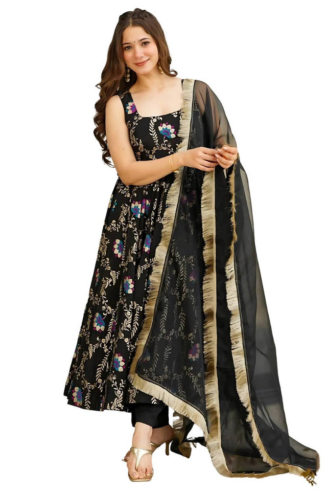 Black Floral Printed Muslin Anarkali Suit Set