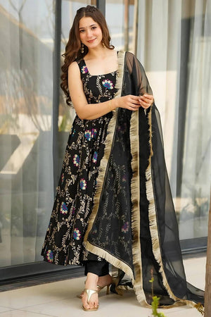 Black Floral Printed Muslin Anarkali Suit Set