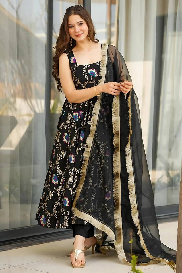 Black Floral Printed Muslin Anarkali Suit Set