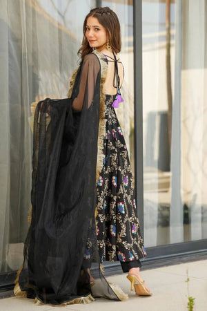 Black Floral Printed Muslin Anarkali Suit Set