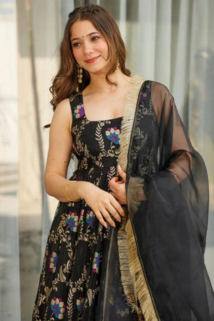 Black Floral Printed Muslin Anarkali Suit Set