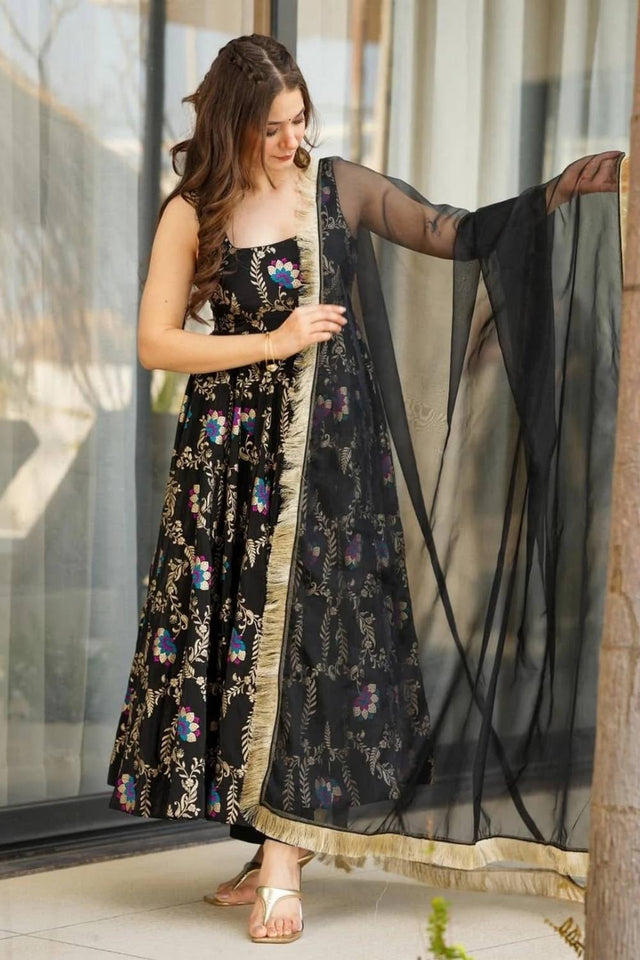 Black Floral Printed Muslin Anarkali Suit Set
