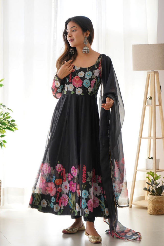 Black Floral Printed Silk Anarkali Suit (NKB-25-BLACK)