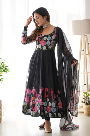 Black Floral Printed Silk Anarkali Suit (NKB-25-BLACK)