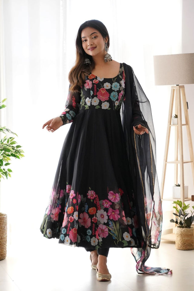 Black Floral Printed Silk Anarkali Suit (NKB-25-BLACK)