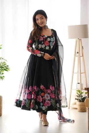 Black Floral Printed Silk Anarkali Suit (NKB-25-BLACK)