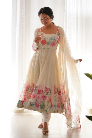 Cream Floral Printed Silk Anarkali Suit (NKB-25-CREAM)
