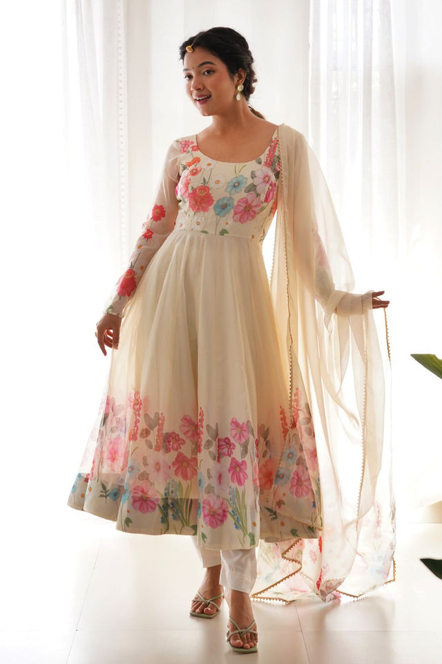 Cream Floral Printed Silk Anarkali Suit (NKB-25-CREAM)