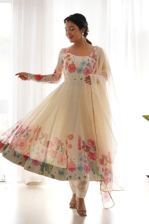 Cream Floral Printed Silk Anarkali Suit (NKB-25-CREAM)
