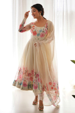 Cream Floral Printed Silk Anarkali Suit (NKB-25-CREAM)