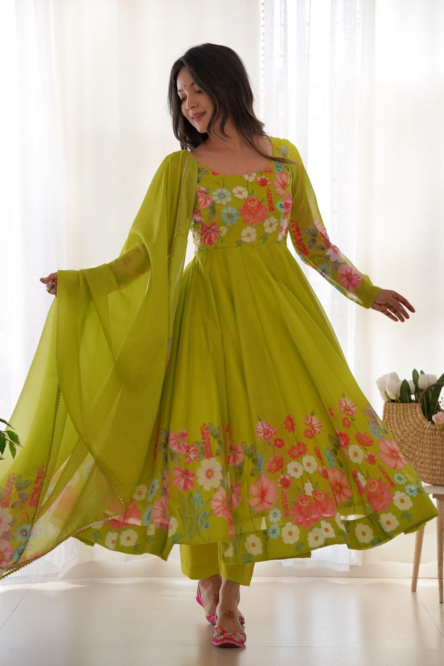 Green Floral Printed Silk Anarkali Suit (NKB-25-LIRIL)