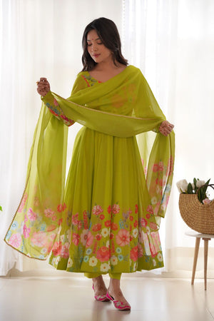 Green Floral Printed Silk Anarkali Suit (NKB-25-LIRIL)