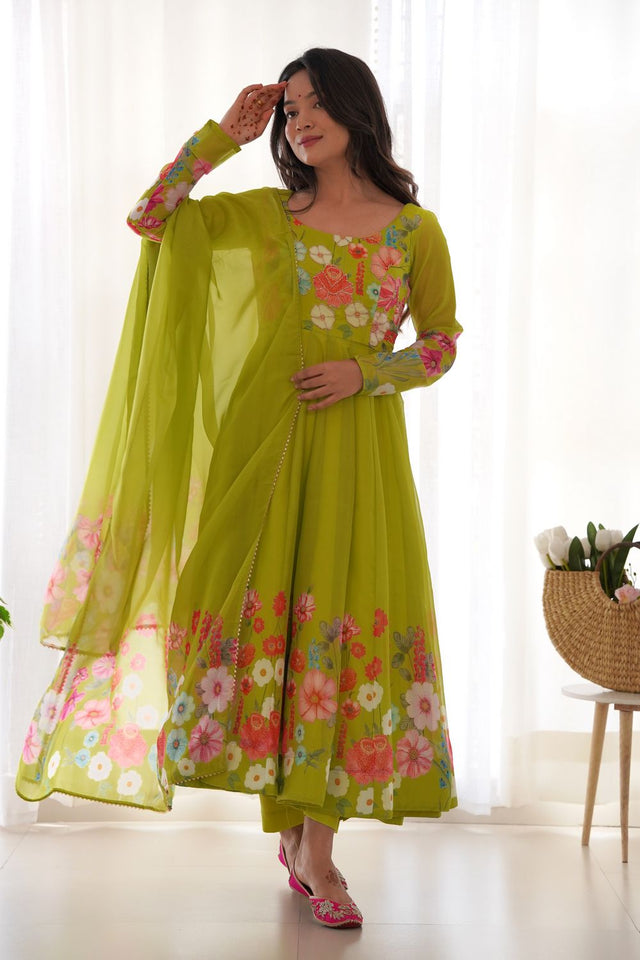 Green Floral Printed Silk Anarkali Suit (NKB-25-LIRIL)