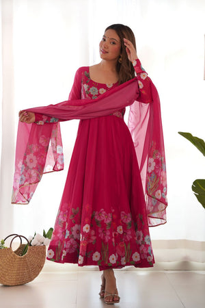 Pink Floral Printed Silk Anarkali Suit (NKB-25-PINK)