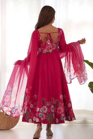 Pink Floral Printed Silk Anarkali Suit (NKB-25-PINK)