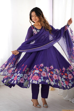 Violet Floral Printed Silk Anarkali Suit (NKB-25-PURPLE)