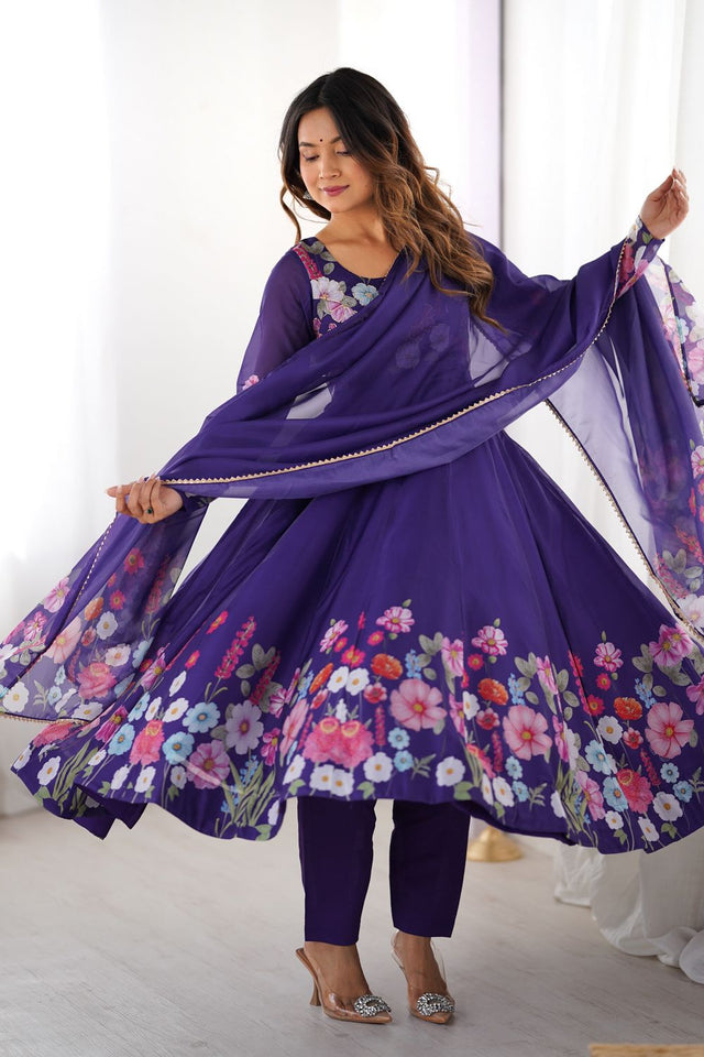 Violet Floral Printed Silk Anarkali Suit (NKB-25-PURPLE)