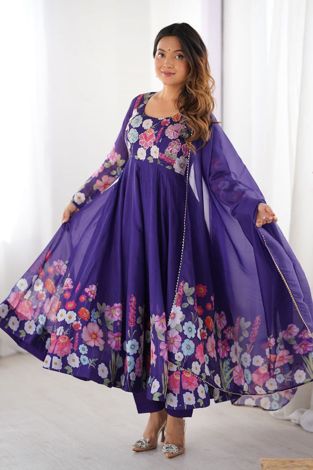 Violet Floral Printed Silk Anarkali Suit (NKB-25-PURPLE)