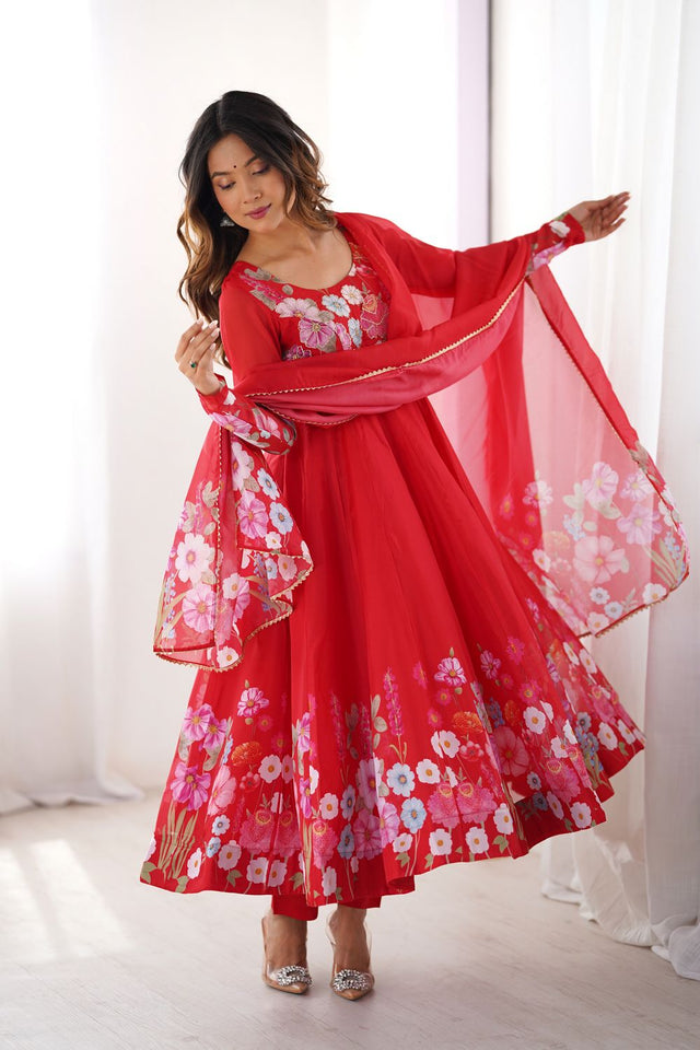 Red Floral Printed Silk Anarkali Suit (NKB-25-RED)