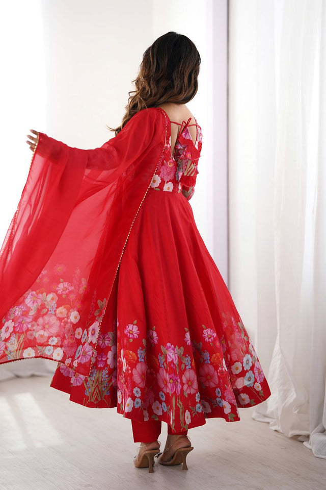 Red Floral Printed Silk Anarkali Suit (NKB-25-RED)