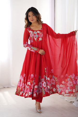 Red Floral Printed Silk Anarkali Suit (NKB-25-RED)