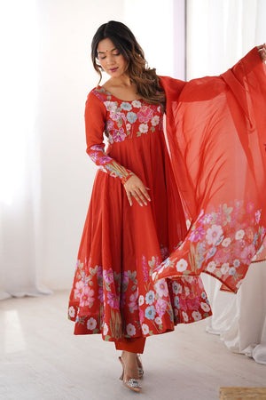 Rust Floral Printed Silk Anarkali Suit (NKB-25-RUST)