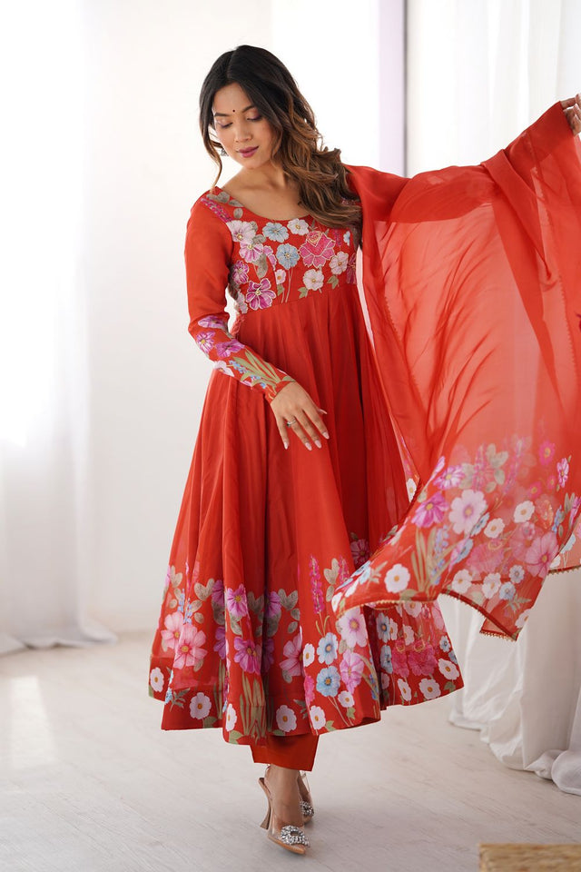 Rust Floral Printed Silk Anarkali Suit (NKB-25-RUST)
