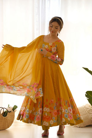 Yellow Floral Printed Silk Anarkali Suit (NKB-25-YELLOW)