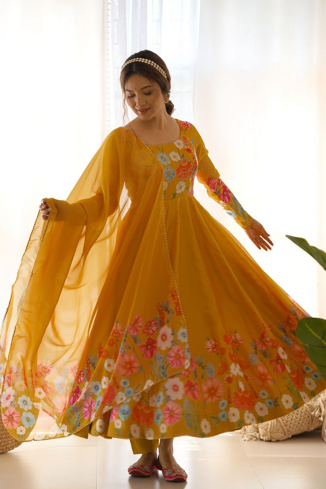 Yellow Floral Printed Silk Anarkali Suit (NKB-25-YELLOW)