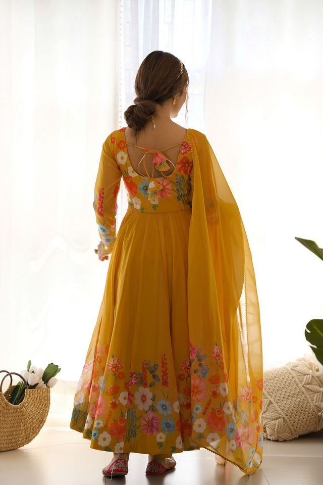 Yellow Floral Printed Silk Anarkali Suit (NKB-25-YELLOW)
