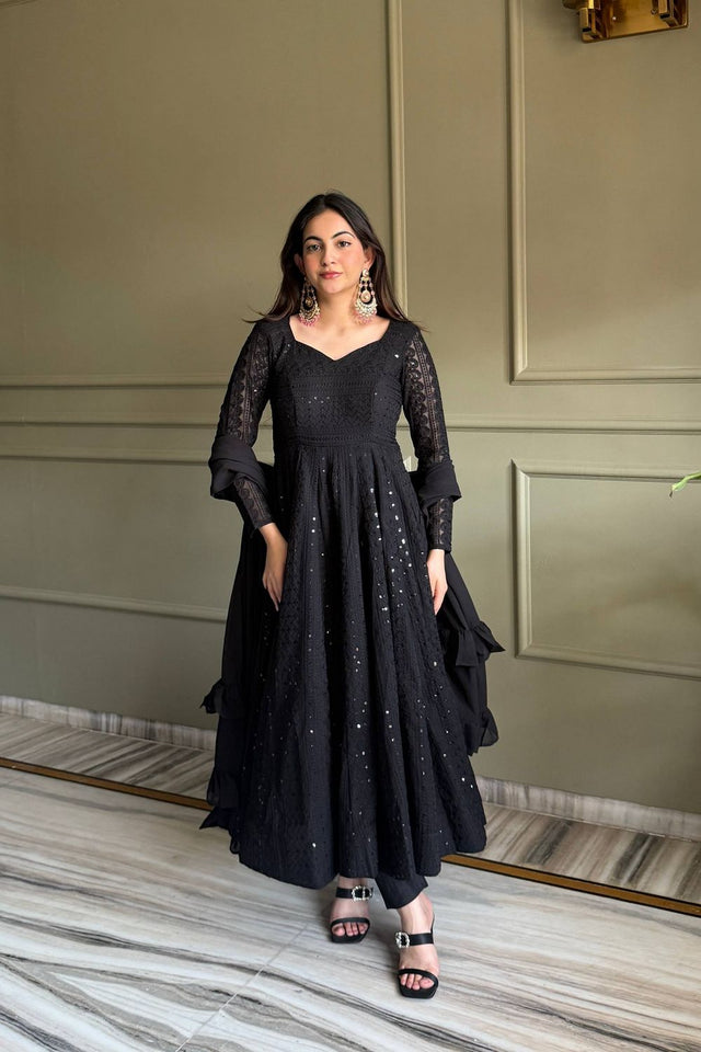 Black Embroidered Georgette Anarkali Suit (NKB-76-Black)
