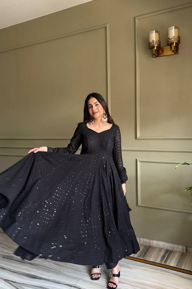 Black Embroidered Georgette Anarkali Suit (NKB-76-Black)