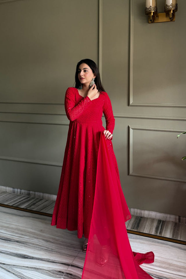 Red Embroidered Georgette Anarkali Suit (NKB-76-Red)